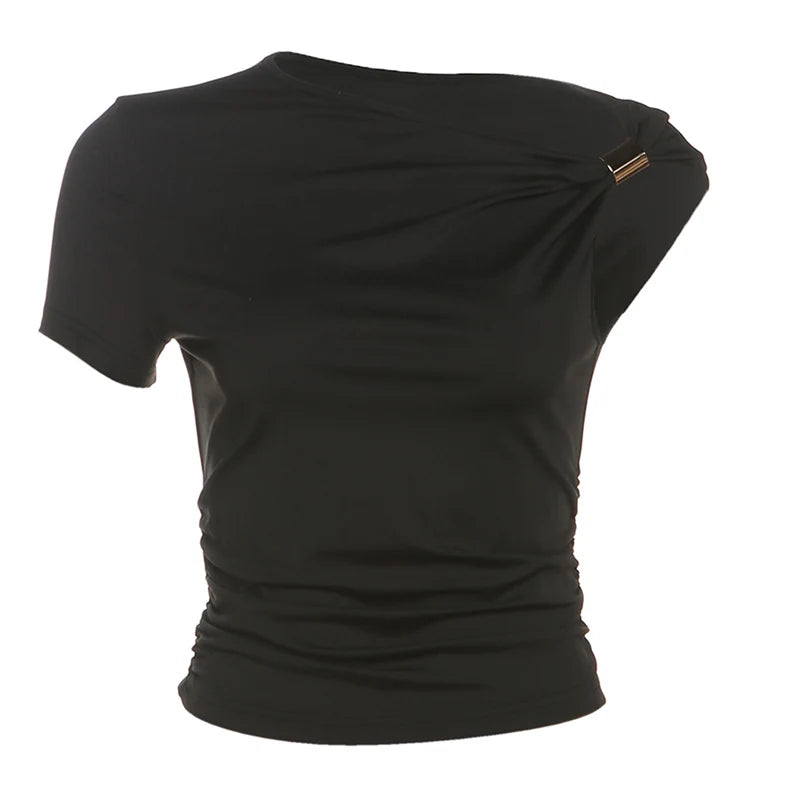 Off Shoulder Top Women Ruched Fashion Skew Collar Single Sleeve Daily Casual Solid Simple Streetwear