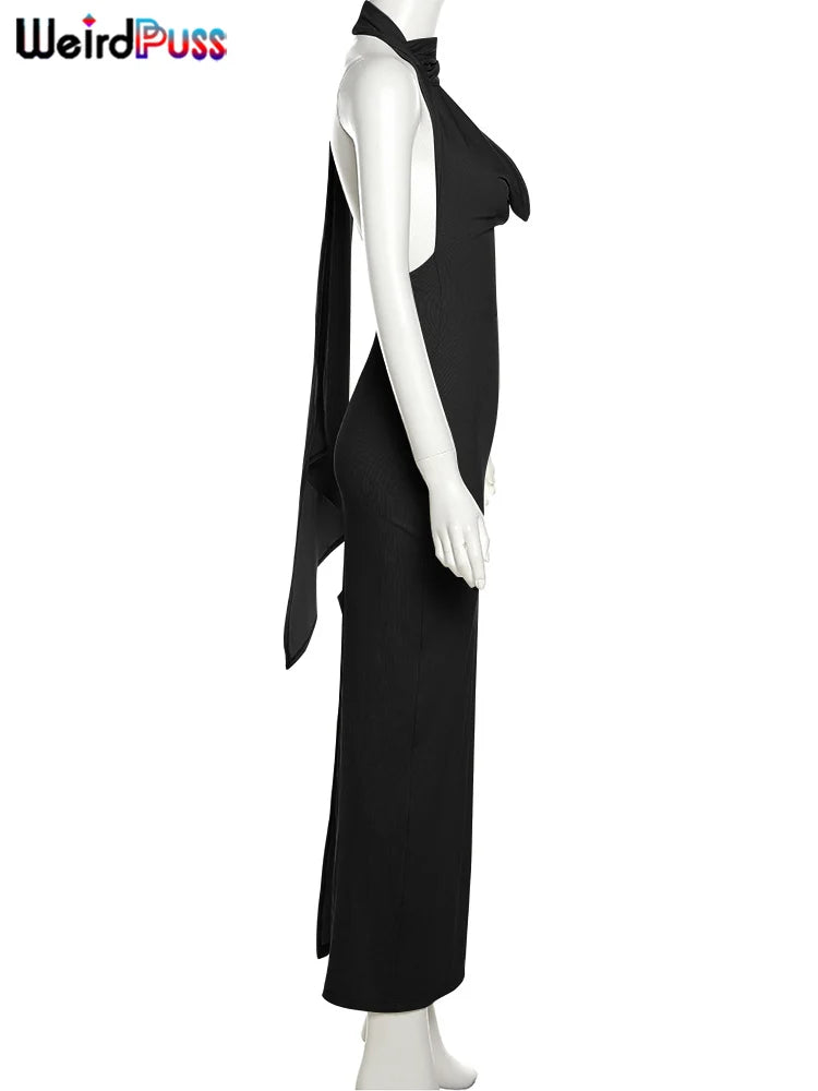 Weird Puss Backless Halter Women Evening Dress With Scarf Hollow Back Split Skinny Ladies Formal Occasion Prom Bodycon Vestidos