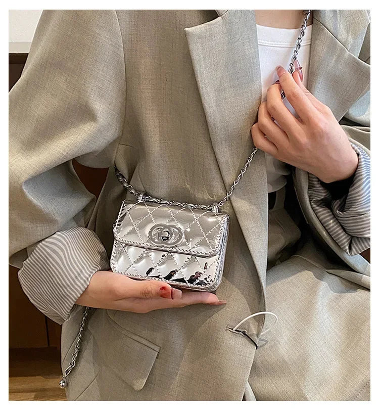 2025 New Arrival Eye - Catching Laser - Patent Mini Crossbody with Gleaming Glossy Chain Strap, Convenient Lipstick Holder