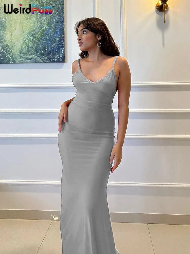 Weird Puss Folds V-Neck Women Evening Long Dress Sexy Backless Sleeveless Coquette Elegant Mermaid Matching Banquet Prom Bodycon