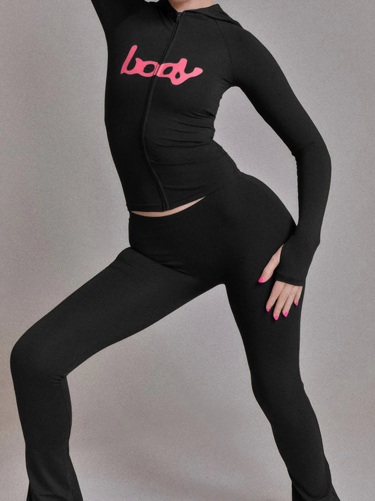 Weird Puss Letter Print Tracksuit 2-Piece Set Women Hooded Jacket+Leggings Matching Stretch Street Casual Sporty Slim Outfits