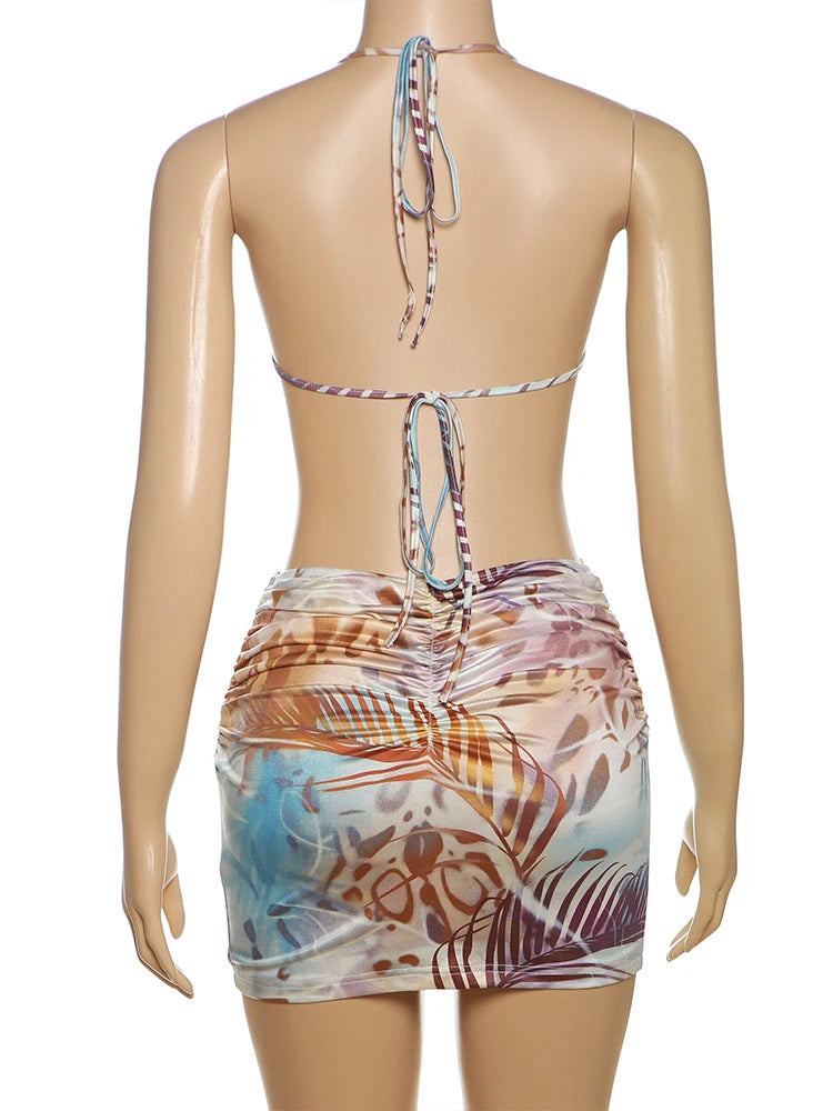 Weird Puss Backless Women Dress Pearl Chains Knot Wrap Summer Tie Dye Print Halter Bandage Backless Skinny Party Mini Bodycon