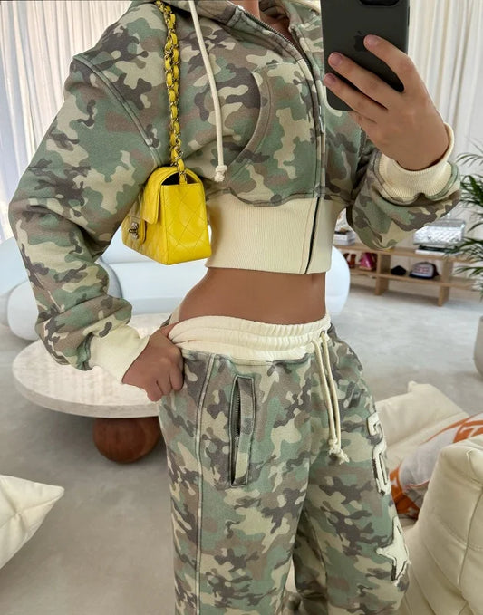 Zipper hoodie Camouflage sweatpants 2-piece set Y2K Women's clothing Goth Alphabet embroidered pullover Sweatshirt casual pants