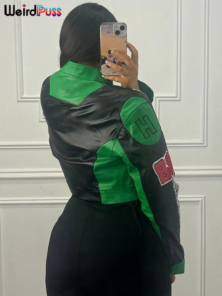 Weird Puss Hipster Crop Jacket Women Y2K Letter Print Hipster Uniform Street Patchwork Single-Breasted Hipster Autumn Trend Coat
