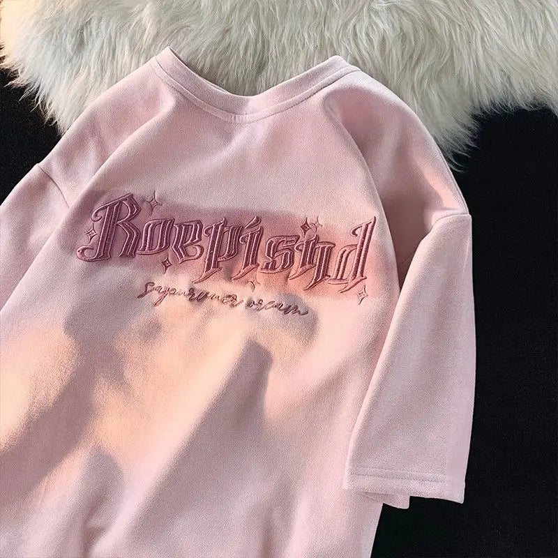 Hip hop retro high street men and women trend personality letter round neck short sleeved couple loose Harajuku suede T-shirt