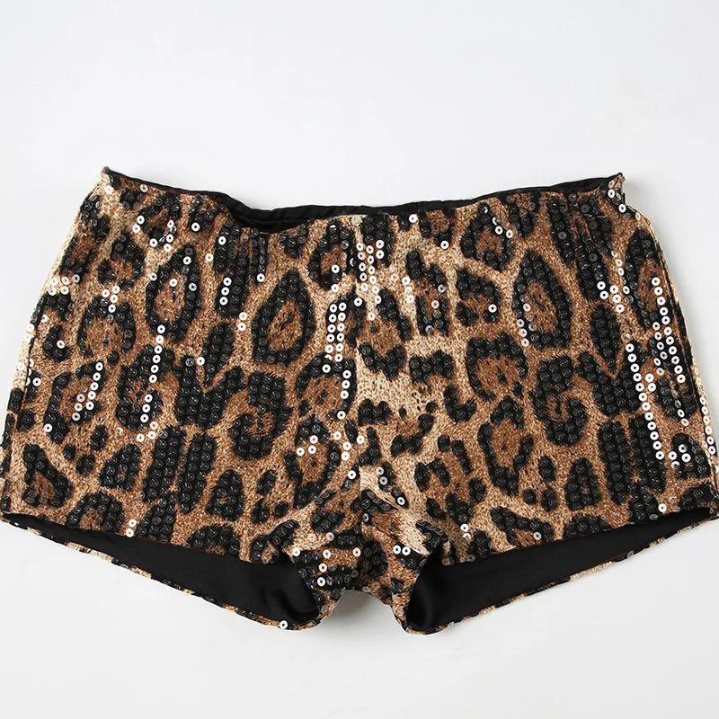 HLJ&GG Y2K Trendy Retro Print Tshirts Two Piece Sets Women Round Neck Sleeveless Top And Sequin Leopard Shorts Outfit Streetwear