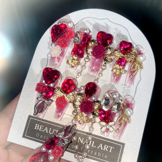 24pcs Heavy Metal Red Crystal Design False Nails 3D Gold Bow Pearl Decor Bride Fake Nail tips Full Cover Diamond Press on nails