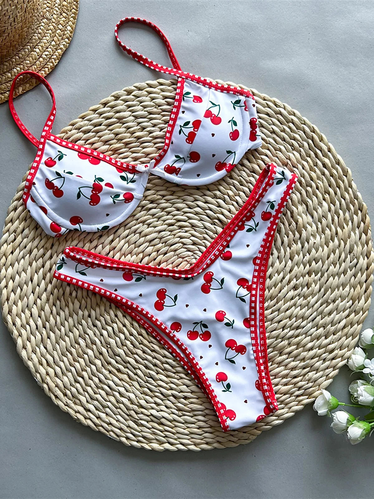 Cherry Printed Underwired Brazilian Bikini, Swimwear,  Swimsuit Two-pieces Bikini set Bather Bathing Suit Swim K5913