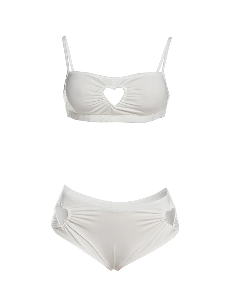 Weird Puss Heart Hollow 2 Piece Set Women Simple Vacation Camisole+Panties Beach Style Matching Stretch Street Comfortable Suit