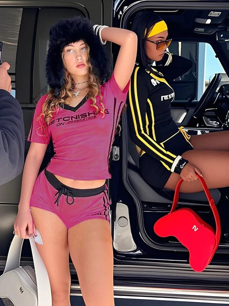 2 Piece Set Letter Print Crew Neck Short Sleeve Top+Drawstring Slim Mini Bottoms, lady's Tracksuit