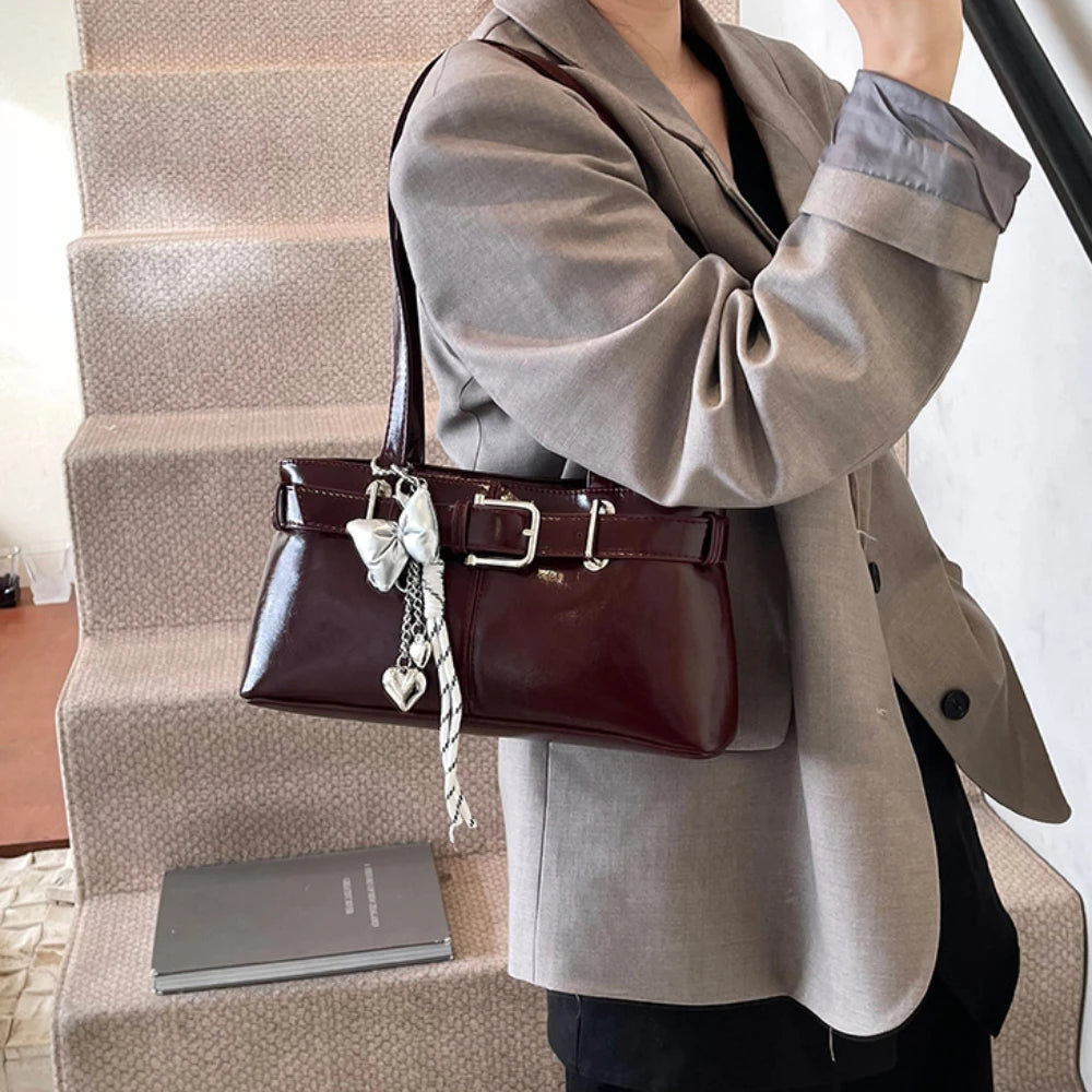 Belt Buckle Design Shoulder Satchels Bag for Women 2025 New in Luxury Designer Handbags Branded Fashion Totes with Pendant Сумка