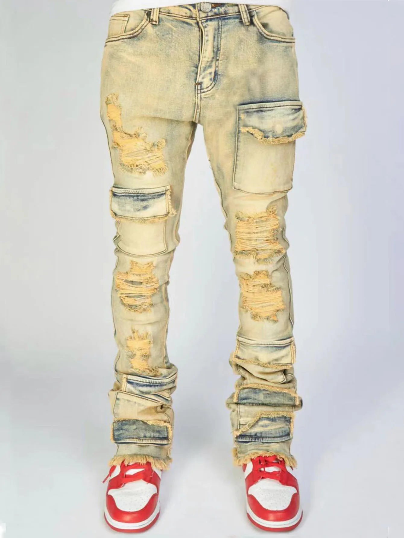 Jeans Long Pant Denim Flare Pants Hole Straight Trousers Slim Fit High Waist Casual Button Pocket Splice Autumn Winter, men's jeans