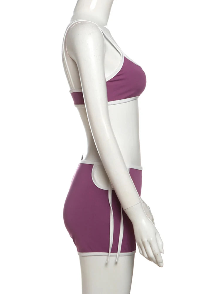 Weird Puss Casual Women 2 Piece Set Tracksuit White Edging Camisole+Side Bandage Shorts Matching Stretch Sporty Streetwear Suits