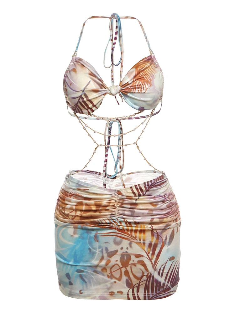 Weird Puss Backless Women Dress Pearl Chains Knot Wrap Summer Tie Dye Print Halter Bandage Backless Skinny Party Mini Bodycon