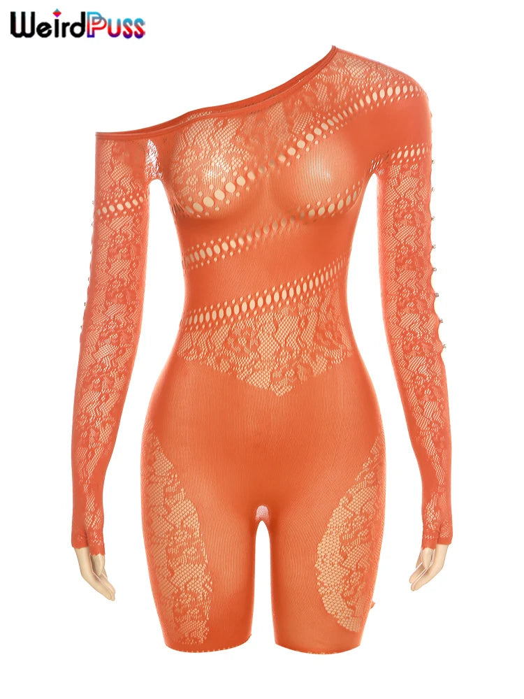 Weird Puss See Through Romper Women Sexy  Hollow Rhinestones Long Sleeve Skinny Irregular Off Shoulder Body-Shaping Playsuits