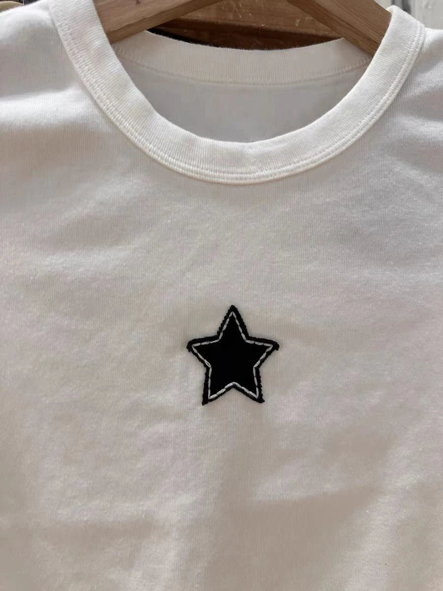 Sweet Star Appliques Slim Crop Top ladies Round Neck Y2K Tops