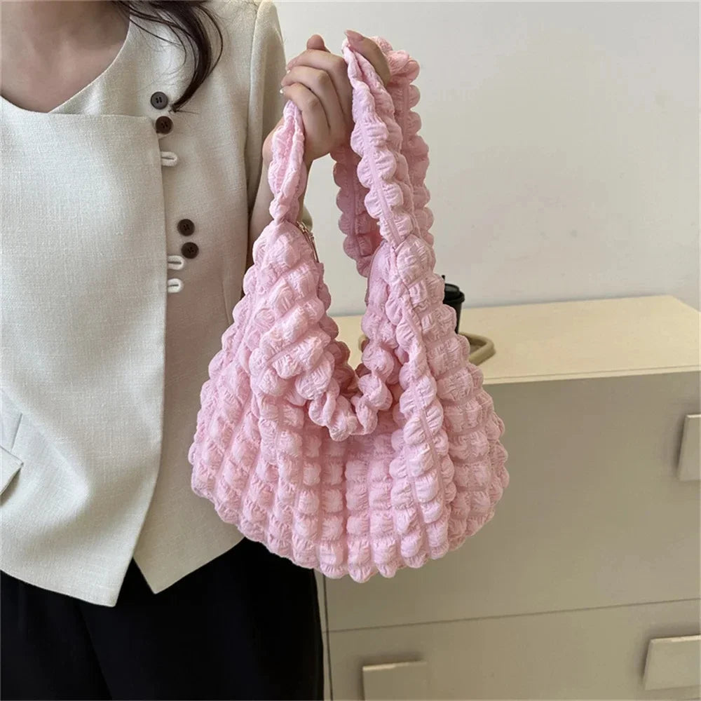 Pleated Embroidered Plaid Shoulder Bag – Crossbody & Underarm Bag, Stylish Large Capacity Quilted Tote for Women