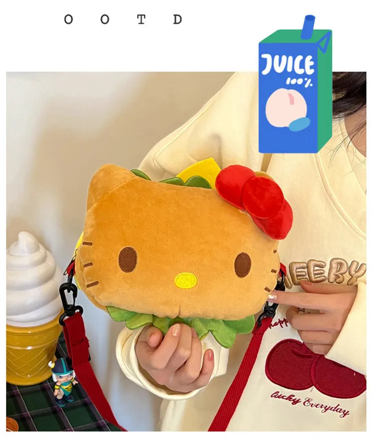 Hello Kitty Kawaii Hamburger Plush Mini Crossbody Bag Adorable Shoulder Purse for Teen Girls Kawaii Fashion Shoulder Bagfor Girl