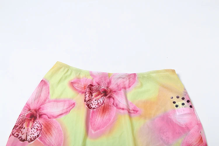Weird Puss Flower Print Fashion 2 Piece Set Women Halter Lace-Up Backless Ruched Camisole+Skinny Skirt Vacation Beach Party Suit