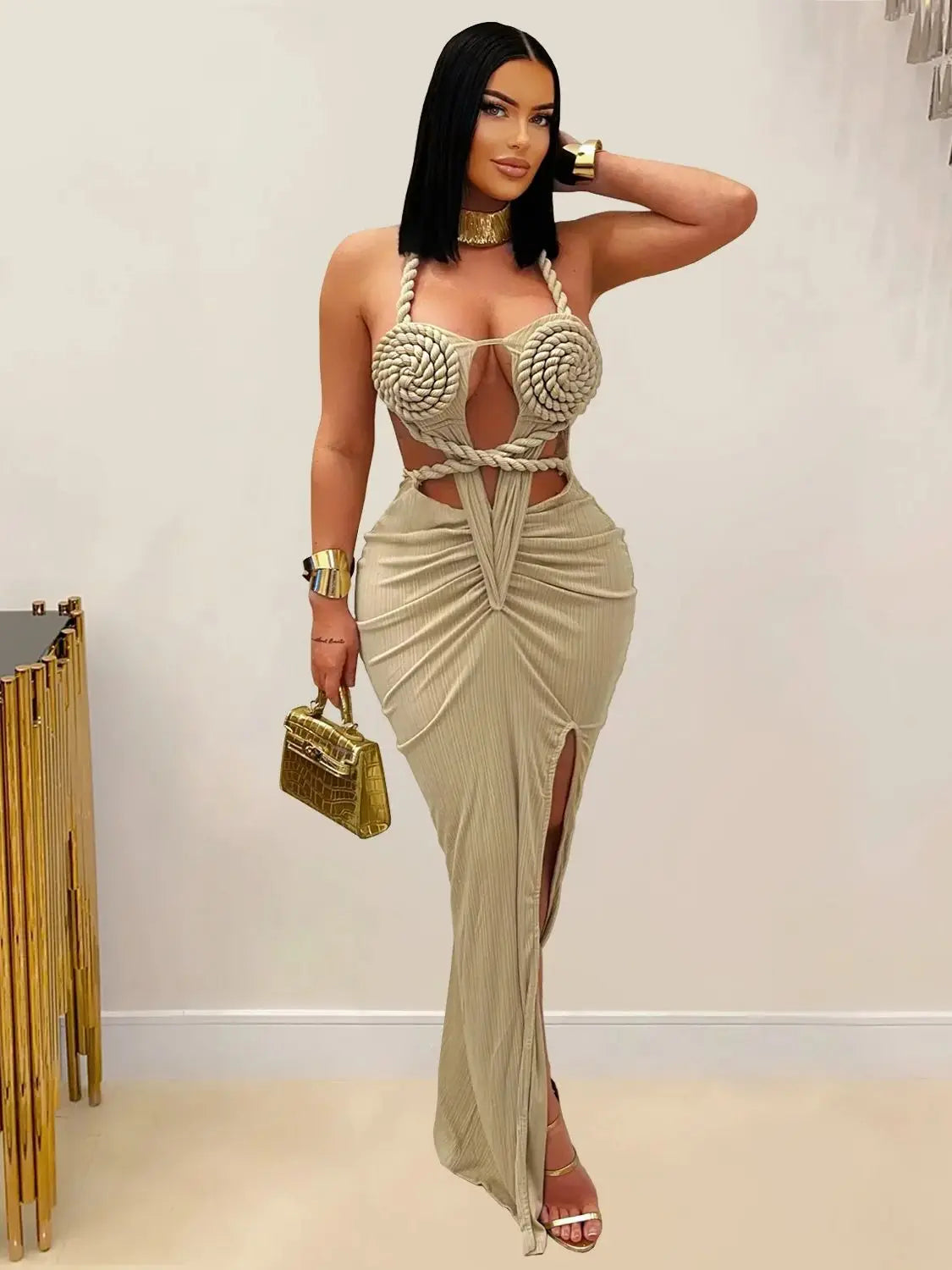 Weird Puss Sexy Plait Dress Women Summer Peach Buttocks Backless Sleeveless Split Hollow Midnight Party Clubwear Maxi Bodycon