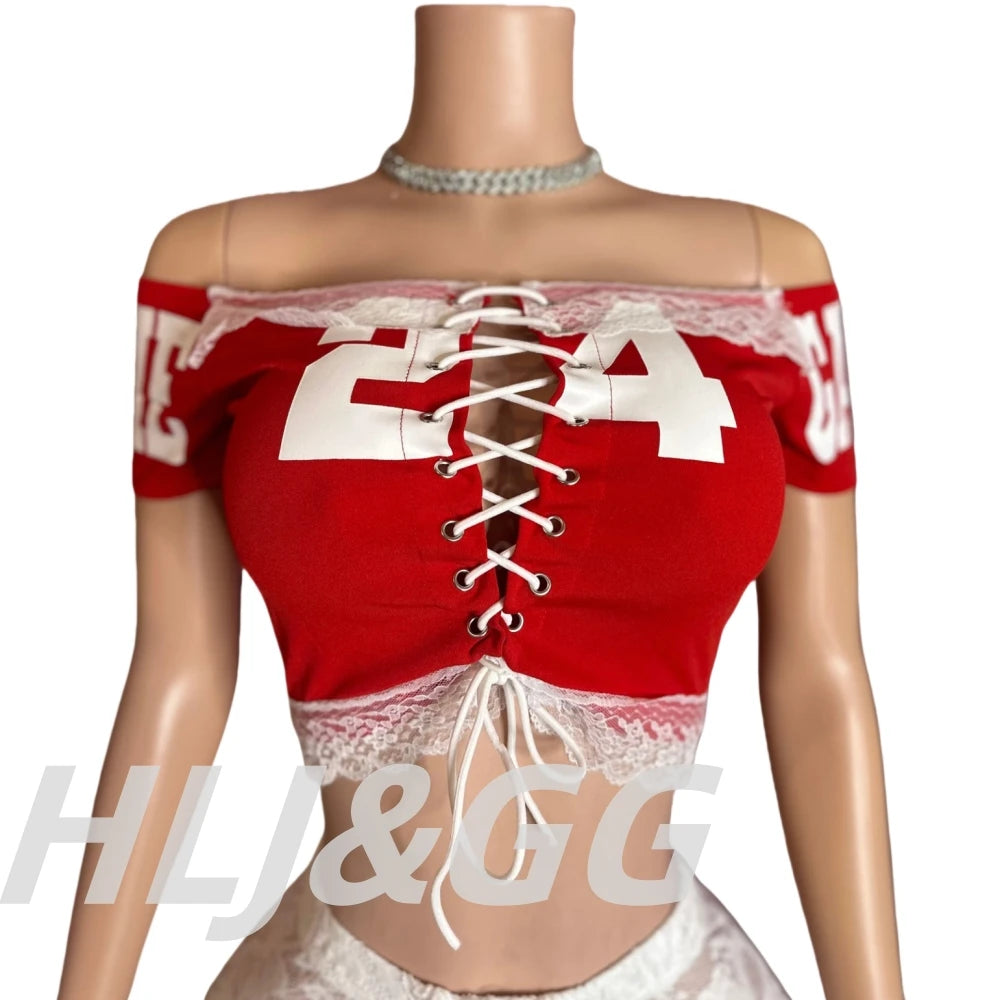 HLJ&GG Red Y2K Letter Lace Splicing Bandage Two Piece Sets Women Off Shoulder Hollow Crop Top And Skinny Ruffle Shorts Outfits