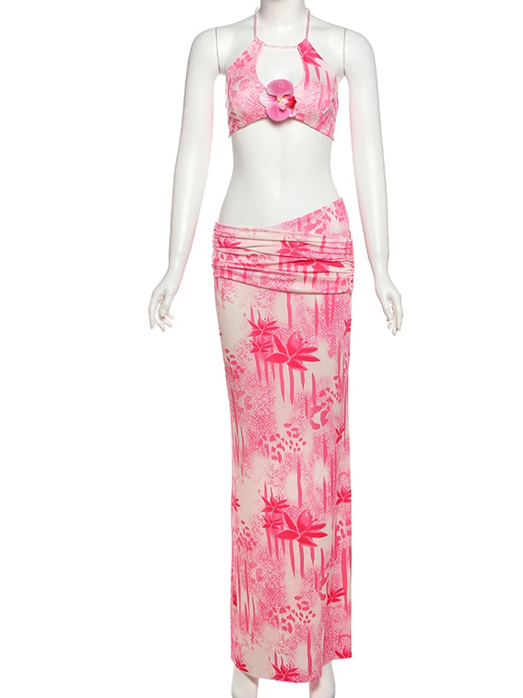 2 Piece Set Women Halter Applique Crop Tops+Skinny Skirts Vacation Beach Style Suit