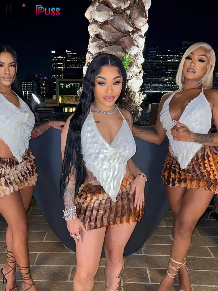 Weird Puss Ruffles Women Sexy 2piece Set See Through Low-Neck Camisole+Peach Hip Skirts Vacation Midnight Clubwear Matching Suit