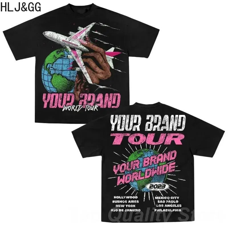 HLJ&GG Y2K Retro Pattern Printing Loose Tshirts Women Round Neck Short Sleeve Oversize Tops Fashion Female Cotton Top Streetwear