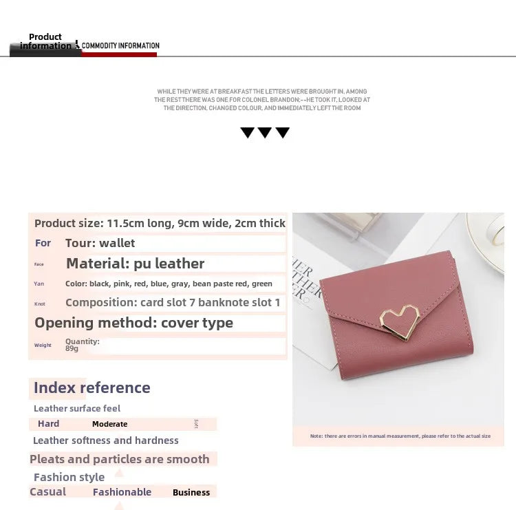 Korean version women wallet short heart-shaped three fold women's wallet multi card slot card bag zero wallet  purses for women