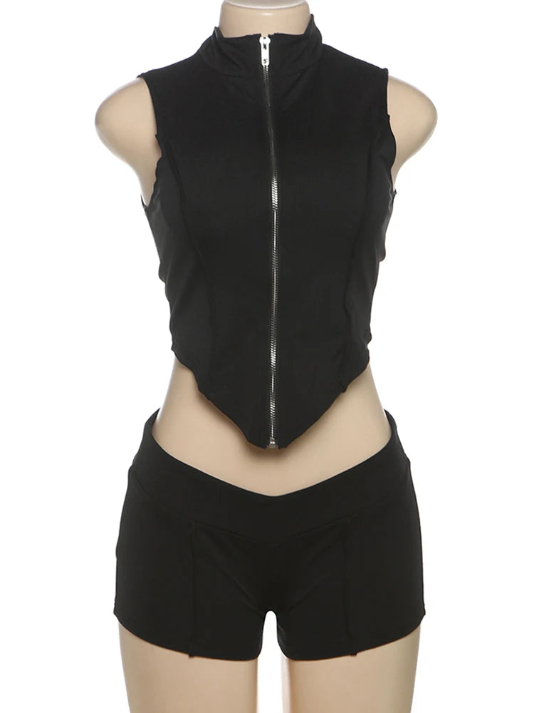 Weird Puss Lines Patchwork 2 Piece Set Women Zipper Cardigan Irregular Crop Top+Skinny Peach Hip Shorts Simple Sporty Streetweas