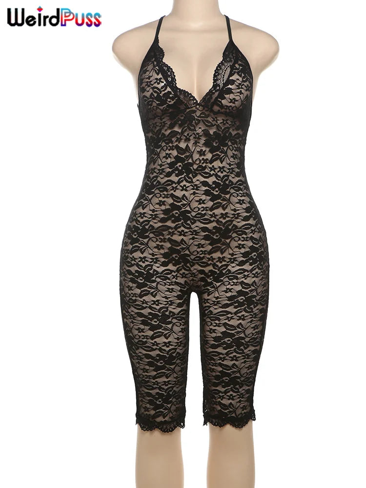 Weird Puss Coquette Playsuit Women Mesh Midnight Backless Sleeveless v-Neck Sexy Summer Hipster Skinny Fitness Stretch Romper