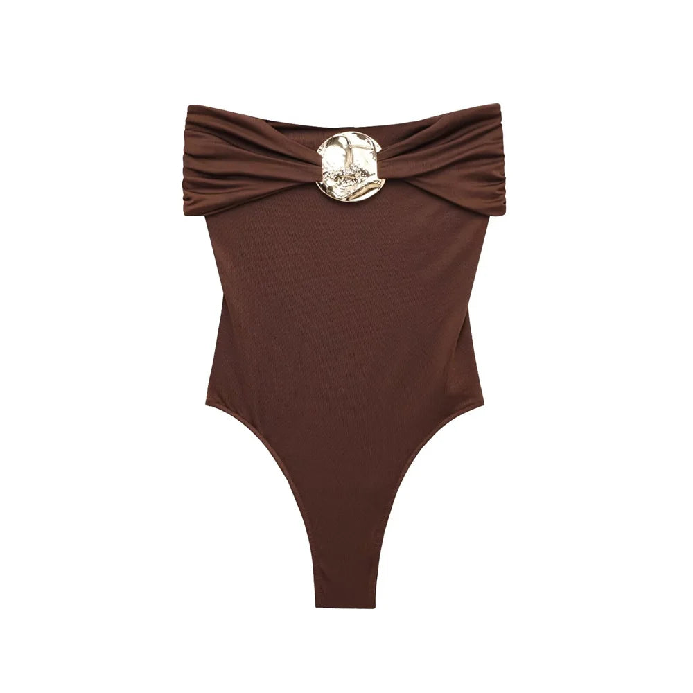 PB&ZA 2025 Women Off Shoulder whole Swimsuit with Decorative Buckle Stylish Black and Brown Design