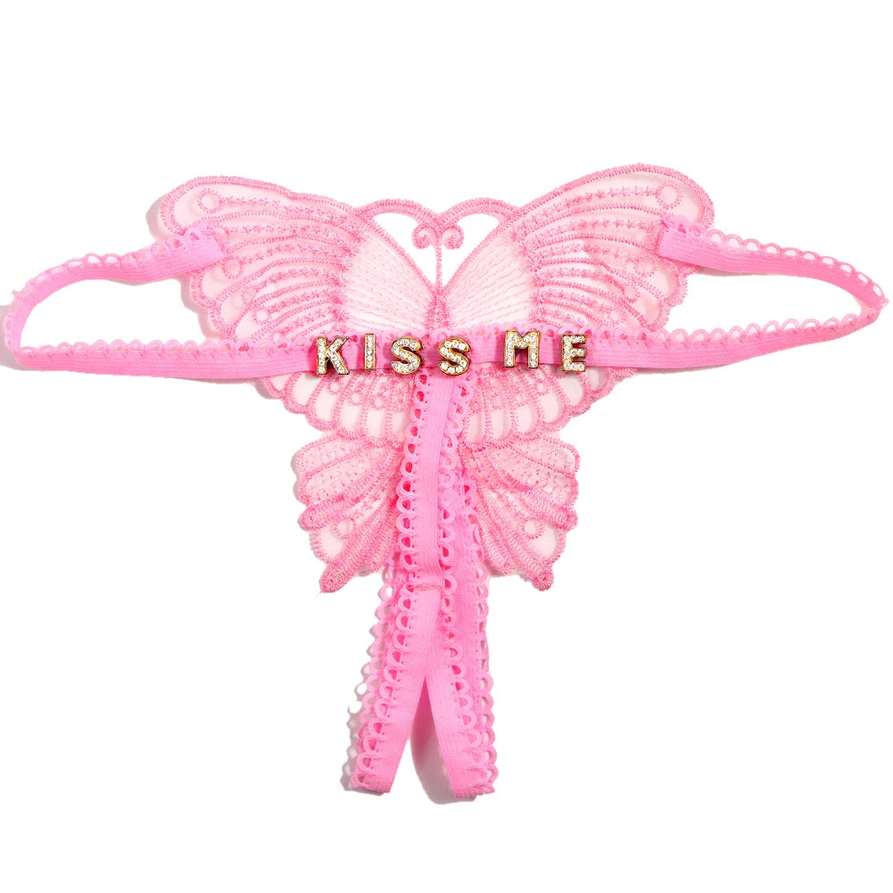 Sexy Butterfly Lace Panties Custom Name Crystal Letter Underwear Thong Transparent Lingerie Personality Girls Intimates Gift