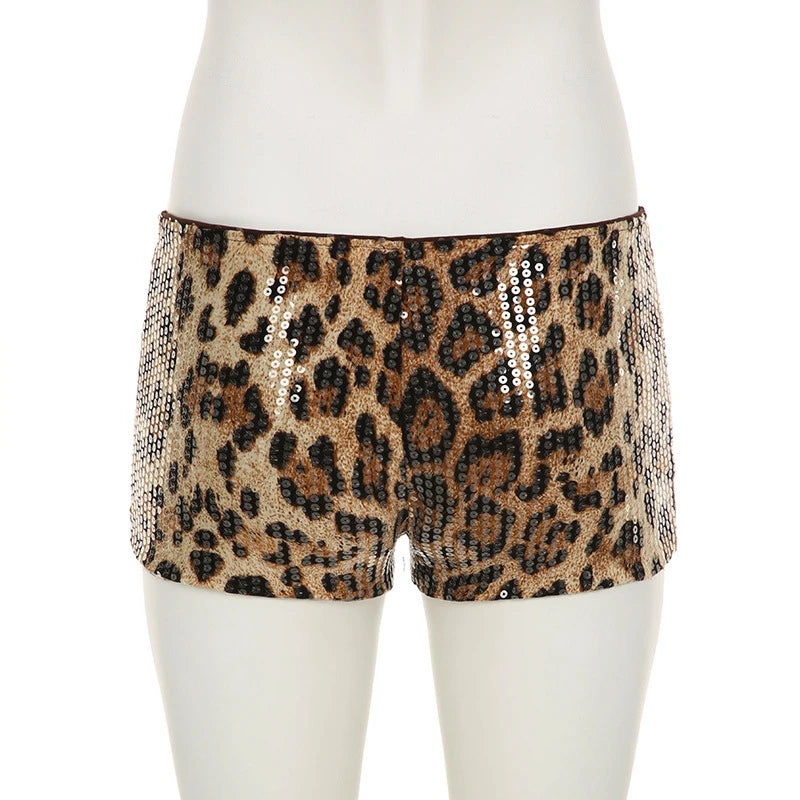 STYLISH LADY Shiny Sequined Pink Leopard Printed Shorts 2025 Summer Women High Waist Luxury Spicy Girl Sexy Clubwear Short Pants