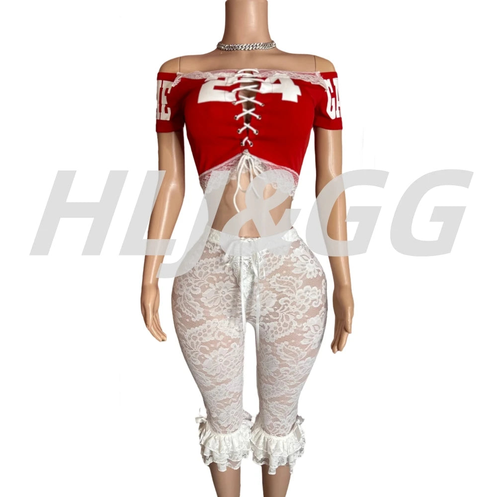 HLJ&GG Red Y2K Letter Lace Splicing Bandage Two Piece Sets Women Off Shoulder Hollow Crop Top And Skinny Ruffle Shorts Outfits