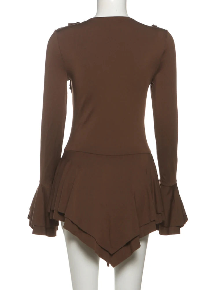 Weird Puss Irregular Hem Dress Women Tierred Y2K Flare Sleeve V-Neck Bandage Stretch Elegant Birthday Party Chic Hipster Bodycon