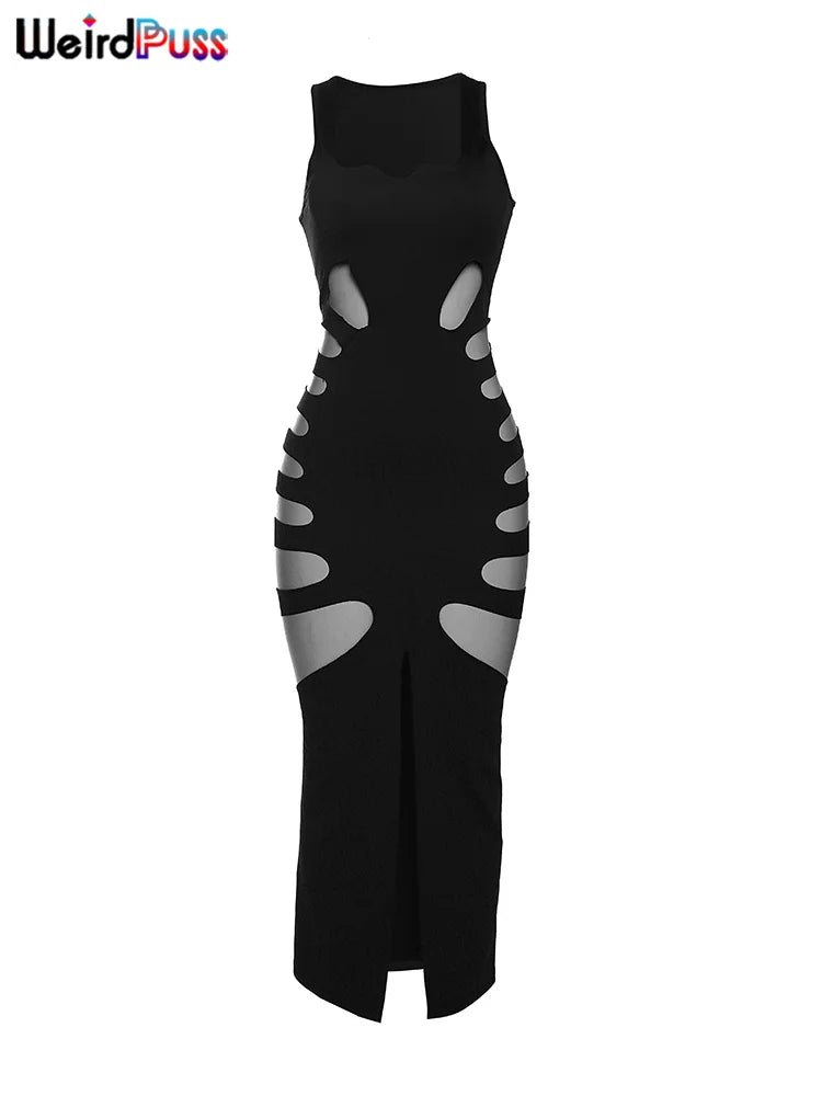 Weird Puss Hollow Sexy Dress Women Summer New Sleeveless Split Solid Skinny Stretch Maxi Bodycon Clubwear Coquette Slim Vestidos