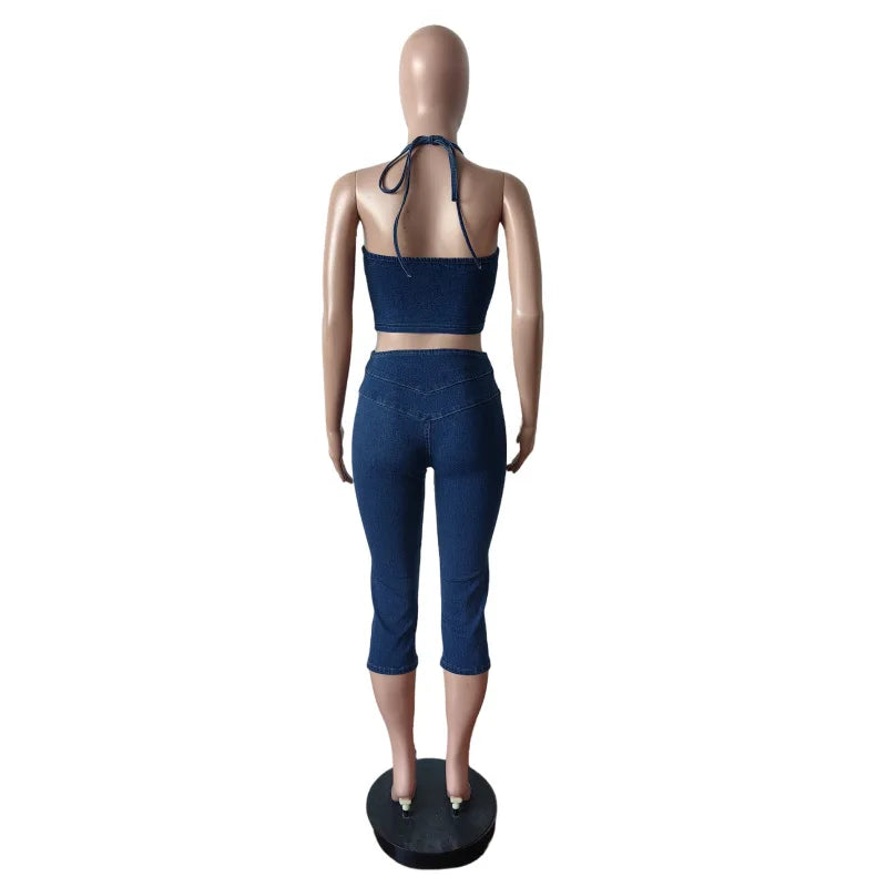 Blue Fashion jeans Halter Two Piece Sets Women Sleeveless, Backless Slim Crop Top And Skinny Jean Pants Outfits Streetwear