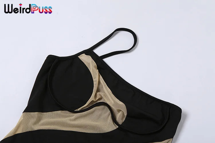 Weird Puss 2022 Mesh Patchwork Sexy Dress Women Sleeveless One Shoulder Skinny Summer Vacation Birthday Party Clubwear Bodycon