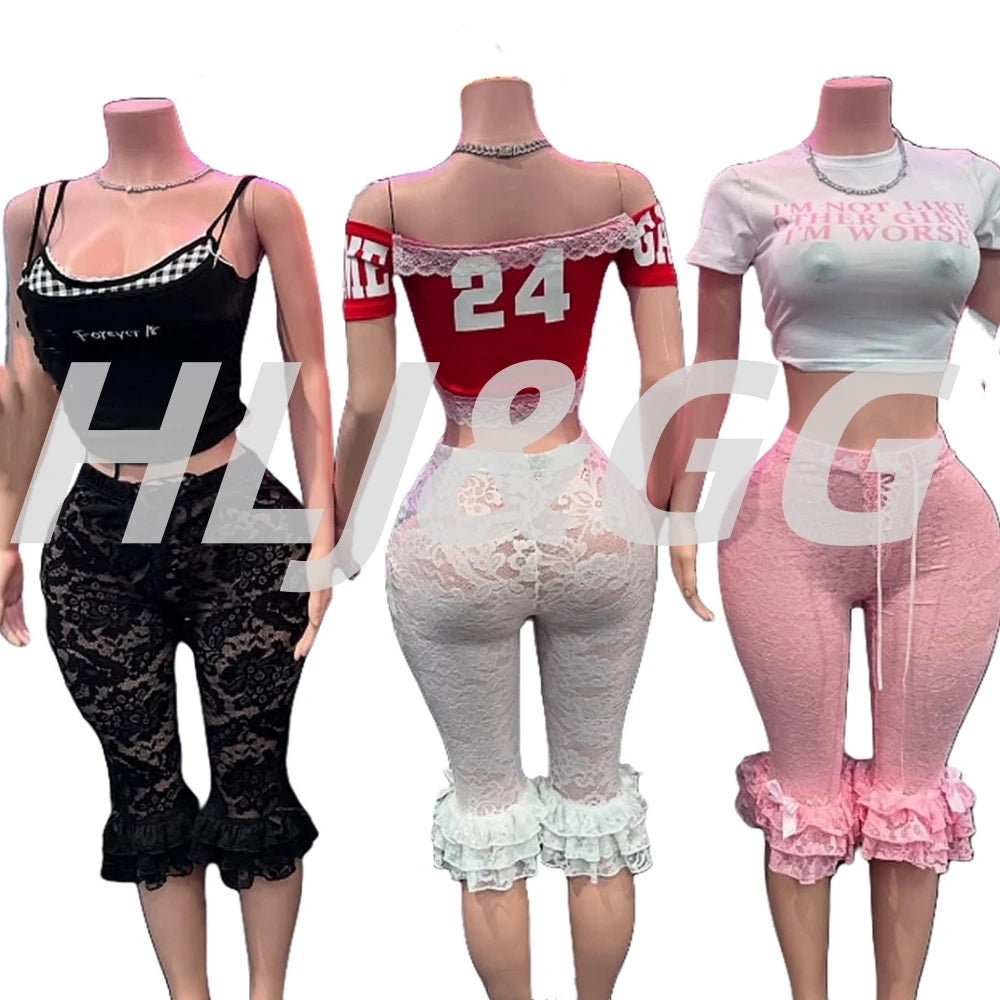 HLJ&GG Y2K Fashion Lace Bandage Hollow Out Two Piece Sets Women Off Shoulder Short Sleeve Slim Crop Top And Ruffle Shorts Outfit