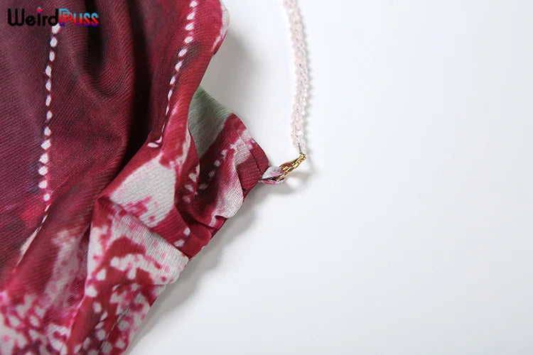 Weird Puss Bead Chain Halter Dress Y2K Floral Print Elegant Sexy Swing Collar Backless Birthday Midnight Party Split Maxi Bodyco
