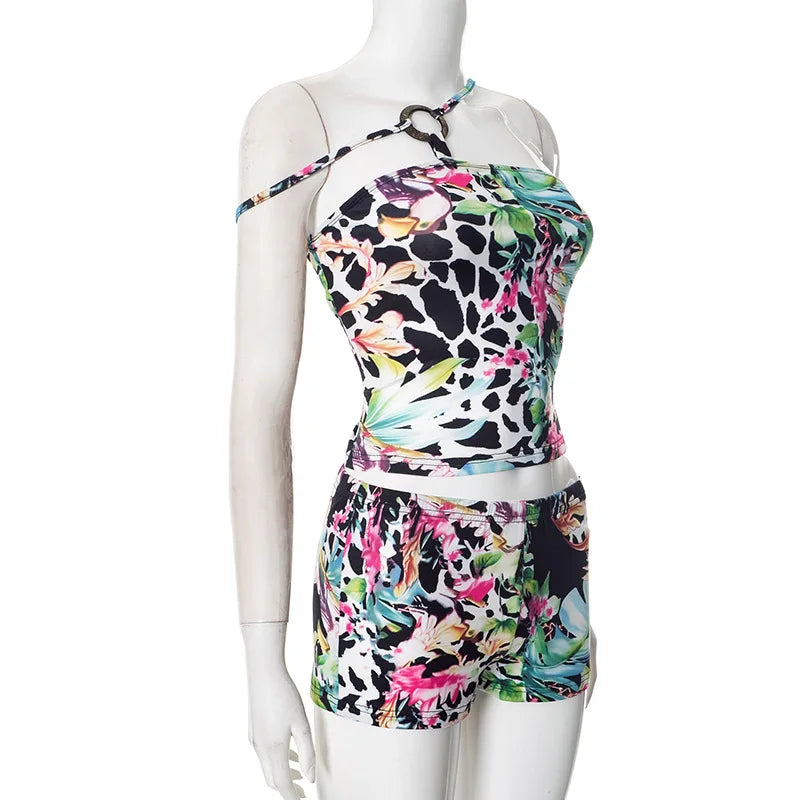 Sexy Nightclub Party Bikini Set with Irregular Round Buckle Printed Backless Short Tight Spring Summer Women's Lingerie Swimwear