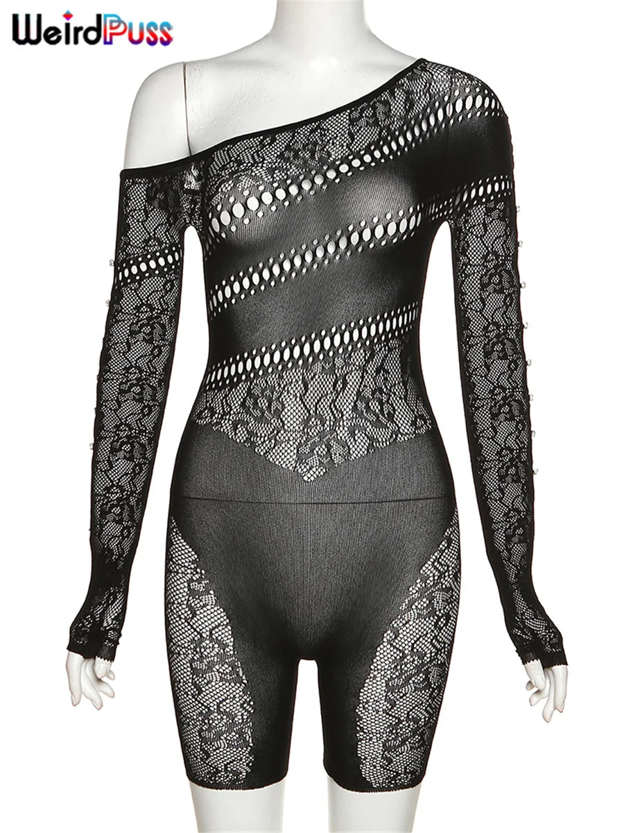 Weird Puss See Through Romper Women Sexy  Hollow Rhinestones Long Sleeve Skinny Irregular Off Shoulder Body-Shaping Playsuits