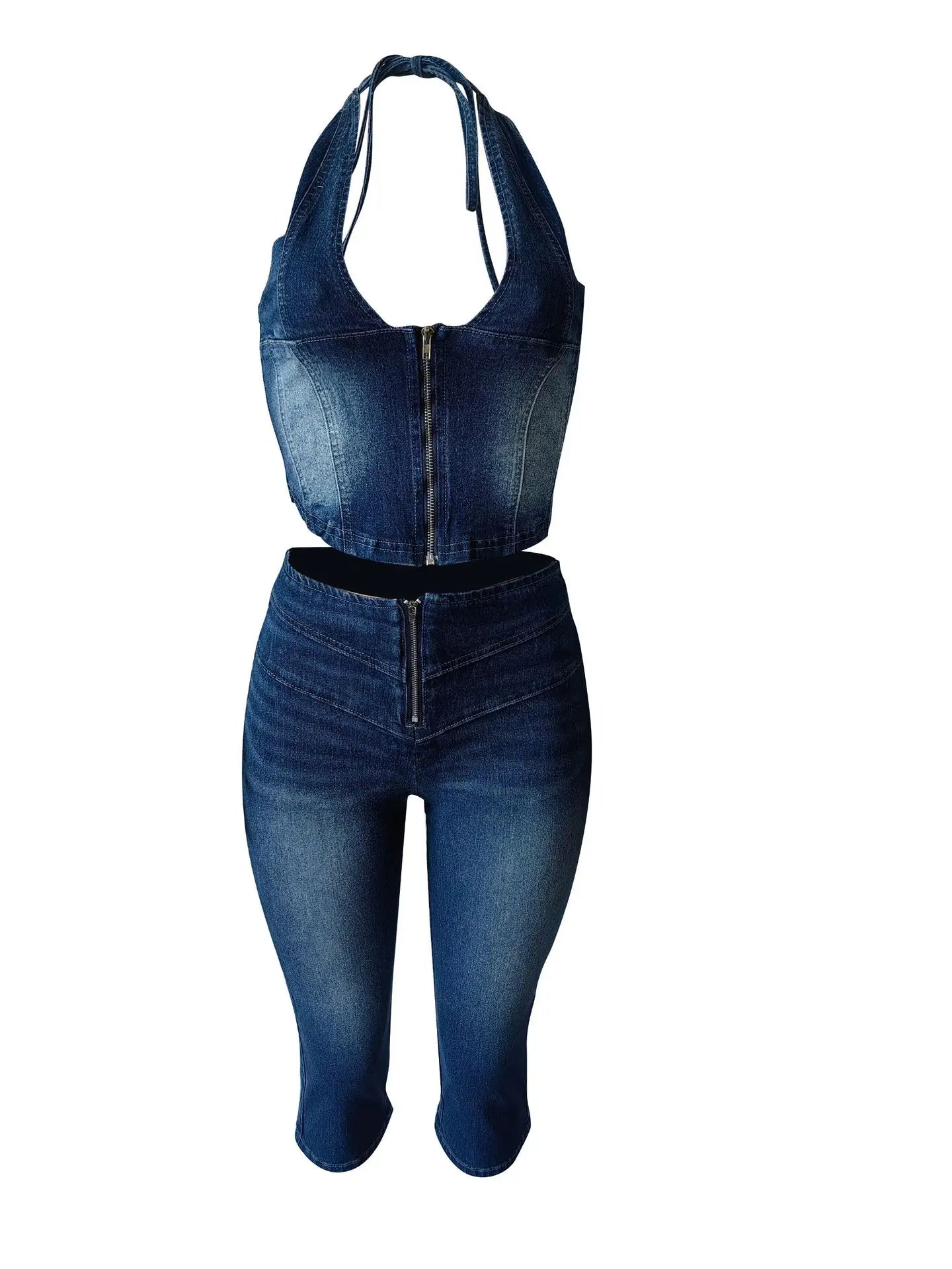 Blue Fashion jeans Halter Two Piece Sets Women Sleeveless, Backless Slim Crop Top And Skinny Jean Pants Outfits Streetwear