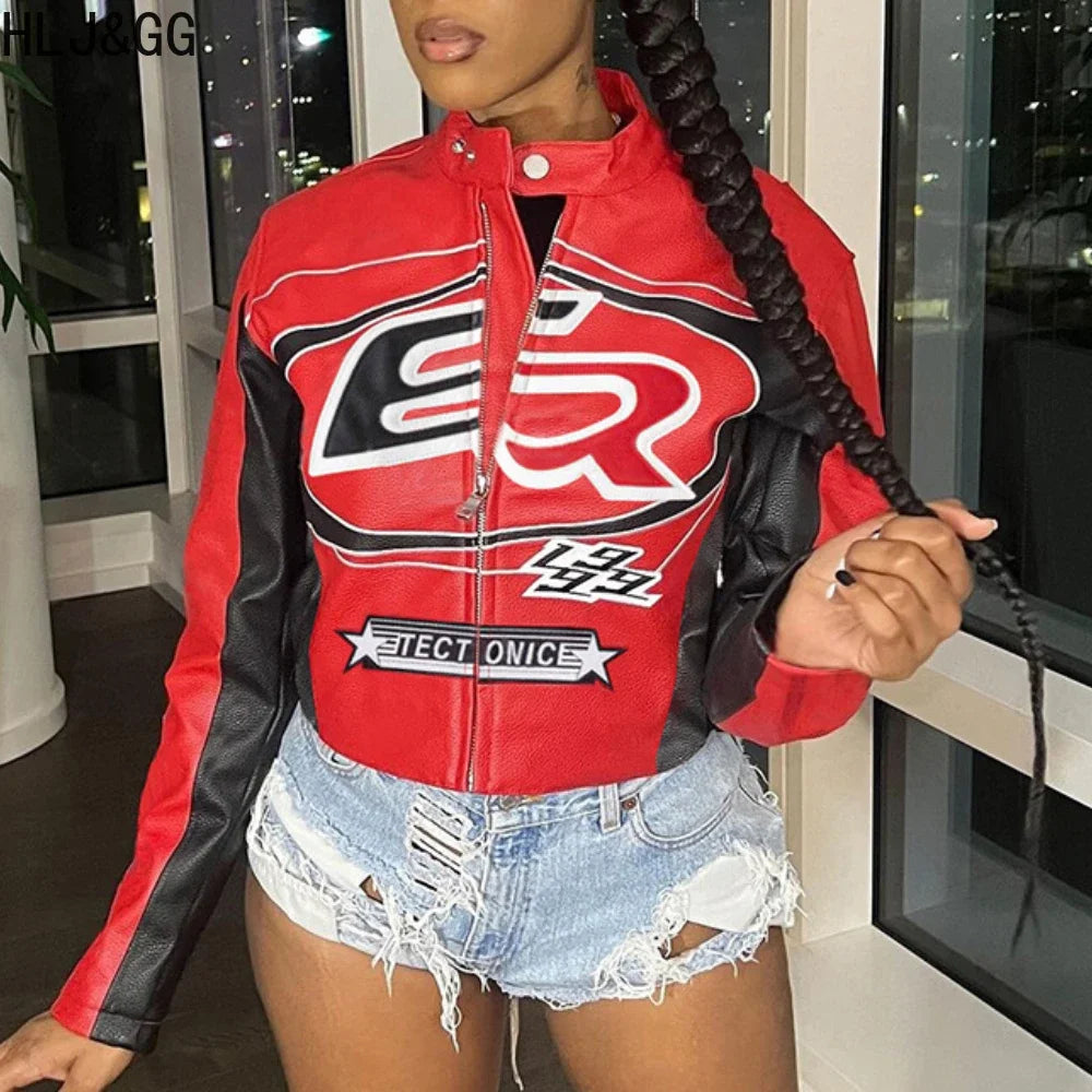 HLJ&GG Trendy Women's Outfits Women Leather Punk Letter Embroidery Crop Jacket And Button Shorts Two Piece Sets Y2K Streetwear