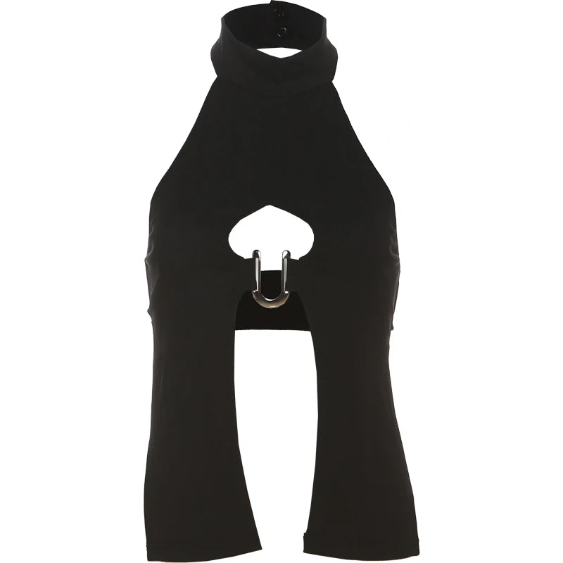 Weird Puss Metal Ring Tank Tops Women Y2K Chic Split Navel Backless Coquette Buttons Halter Sexy Hottie Midnight Wild Basic Vest