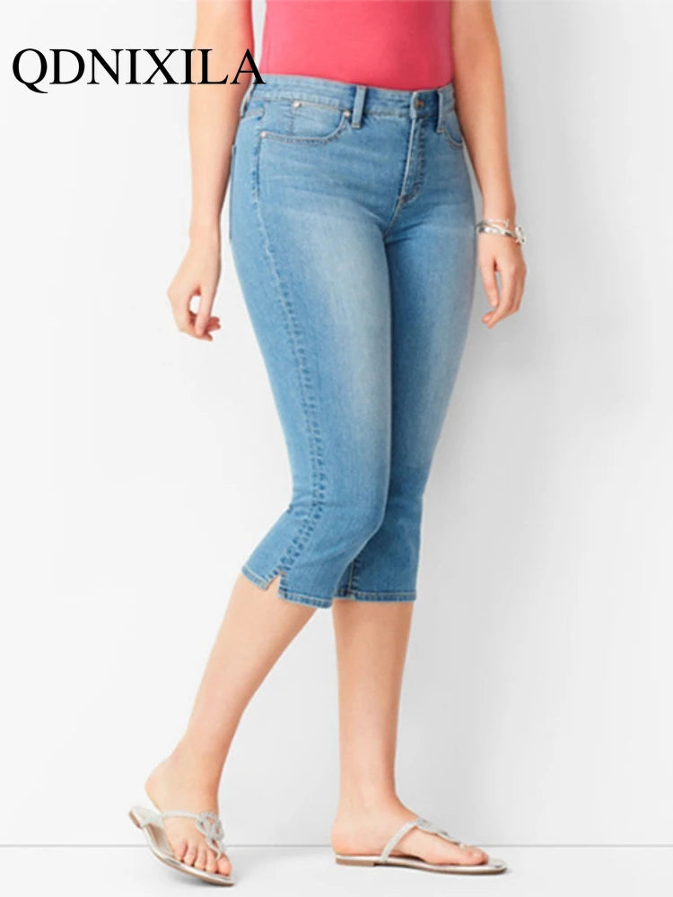 Knee Length Jeans female Elastic High Waist Mom Jeans Oversize