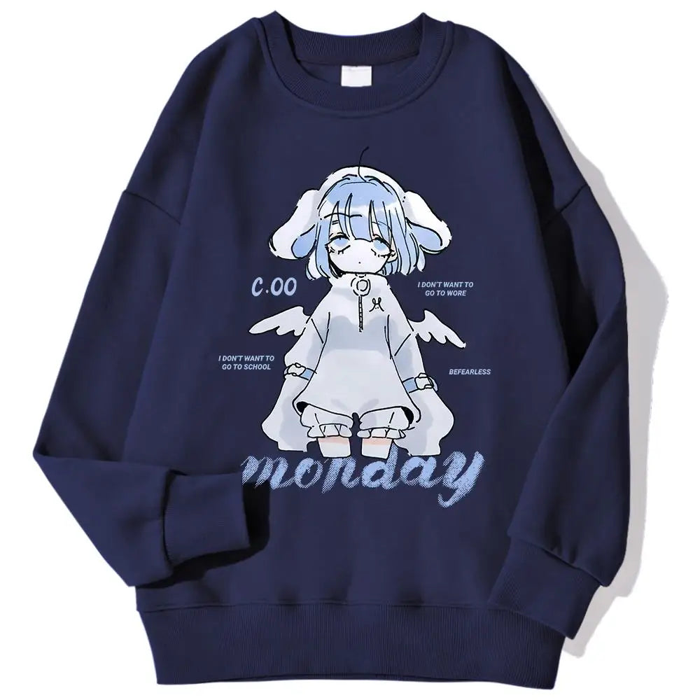 Harajuku Anime Girl Design Womens Sweatshirts Couples Kawaii Hoodie Comfortable Crewneck Clothes All-Match Fleece Streetwear