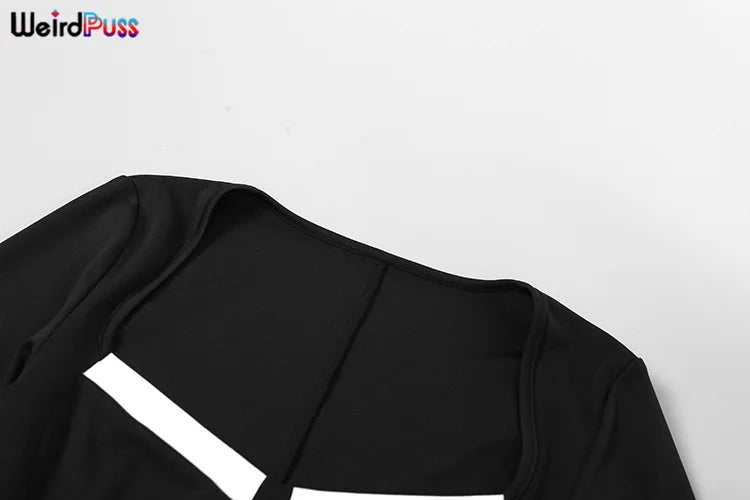 Weird Puss Square Collar Playsuit Women Fall Chic Patchwork Long Sleeve Skinny Stretch  Long Sleeve Romper Streetwear Overalls