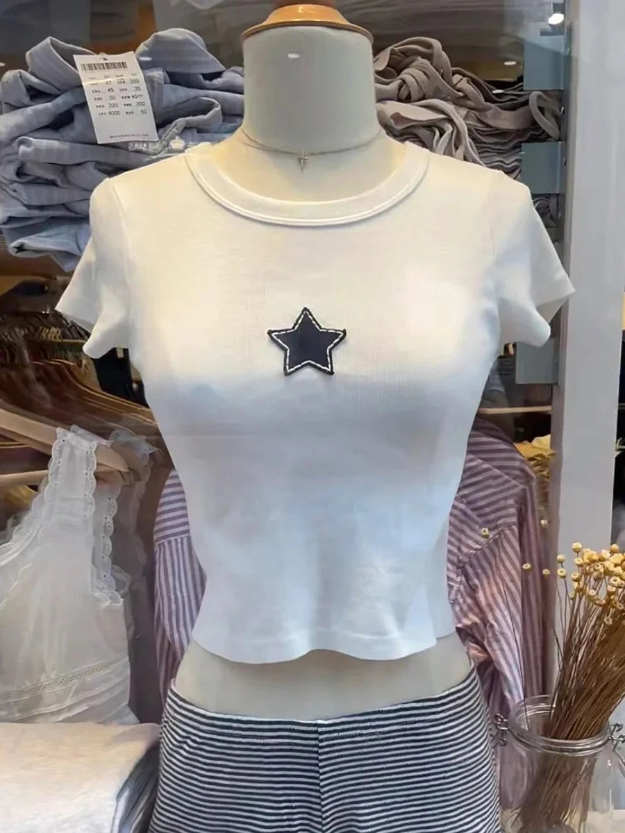 Sweet Star Appliques Slim Crop Top ladies Round Neck Y2K Tops